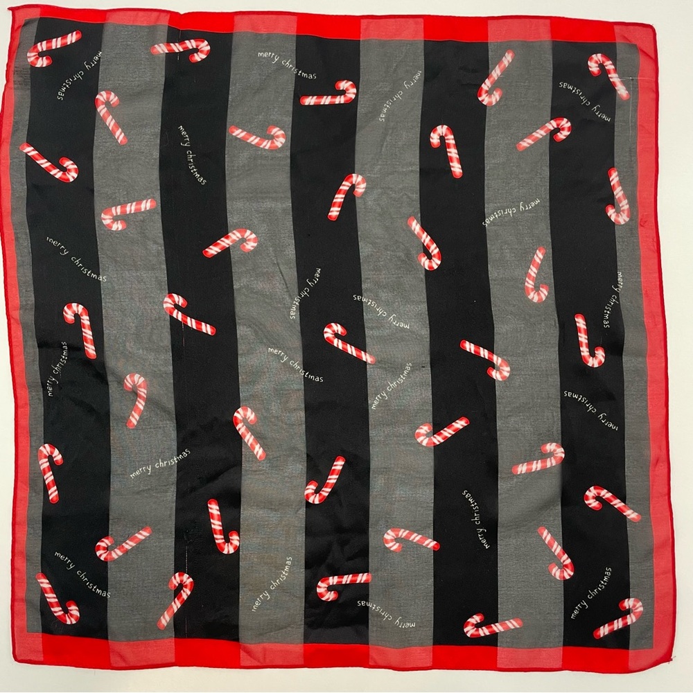 Vintage Christmas Scarf Candy Canes Square Sheer Stripes Holiday Red Black